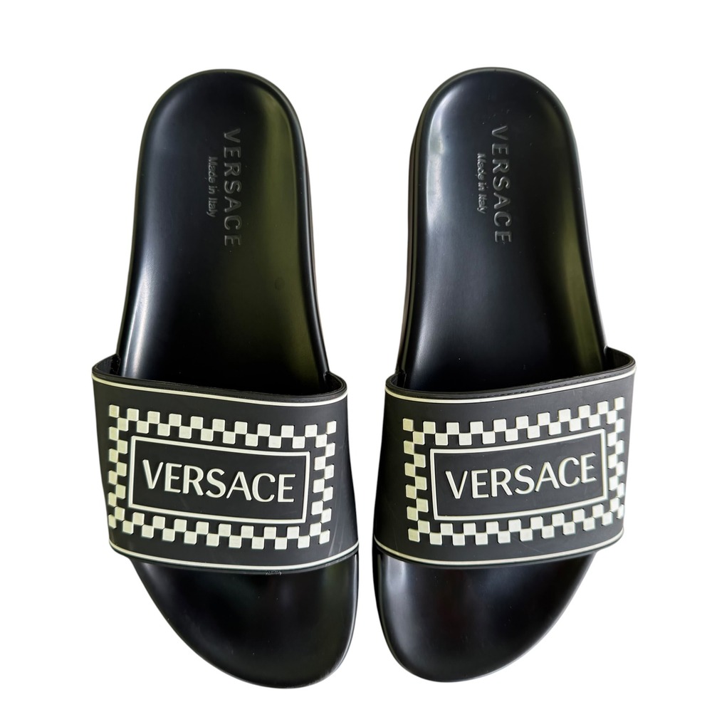 Versace Men Black White Logo Rubber Pool Slides Sandals Made in Italy Size 44/5
